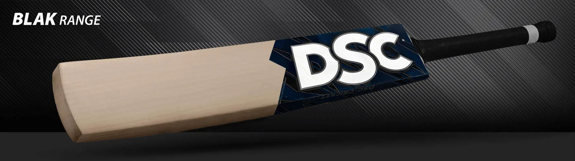 DSC Blak 200 English Willow cricket bat with sleek black and silver branding and visible straight grains.