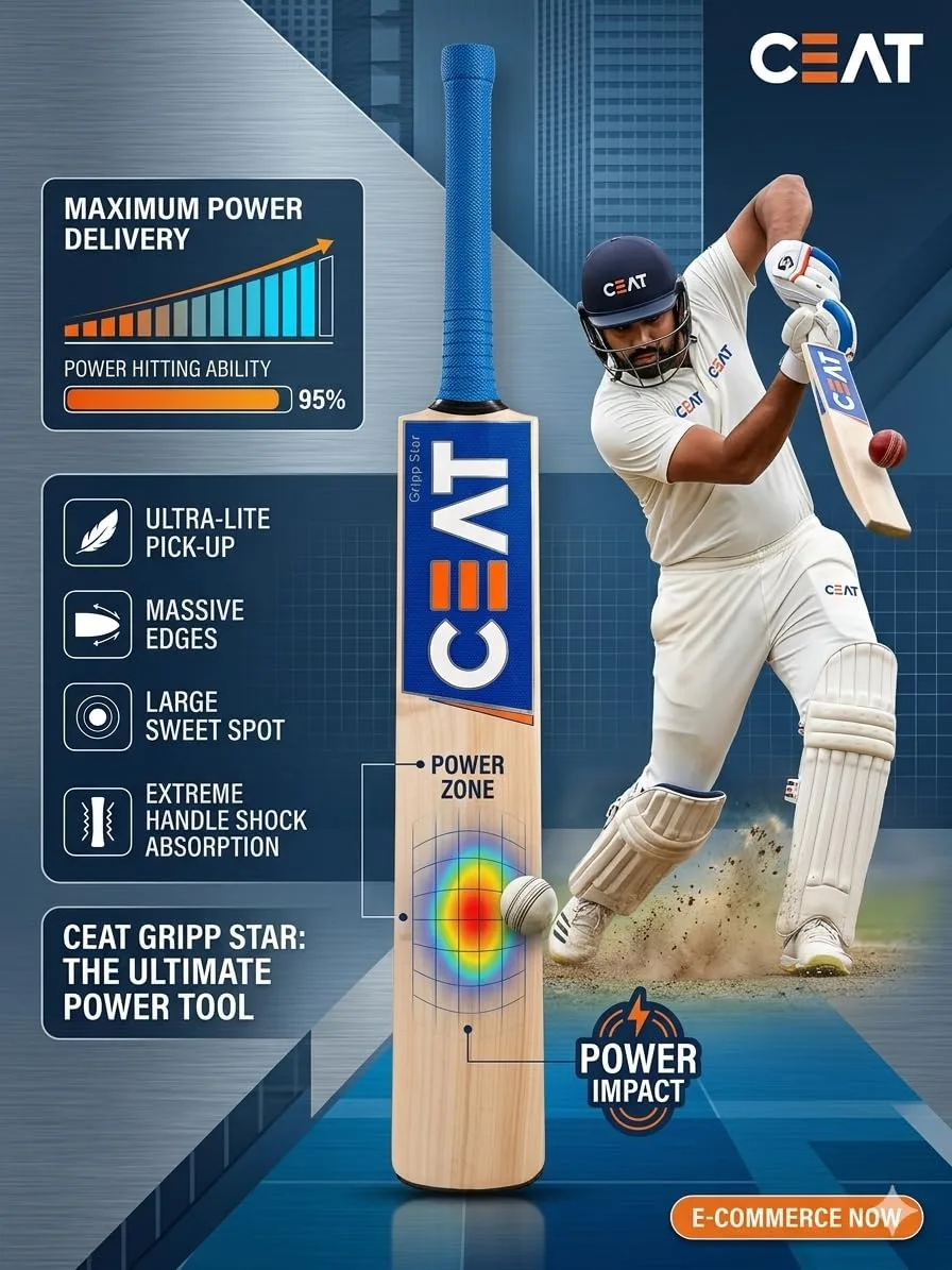 CEAT Gripp Star English Willow cricket bat with natural wood finish and signature CEAT blue and white branding.