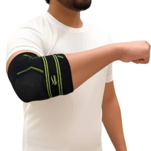Tynor Elbow Support Air Pro in Black & Orange with gel inserts and adjustable strap.