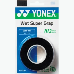 Professional promotional banner for Yonex Wet Super Grap (3 Wraps) badminton overgrips at Anytime Sports. The image shows the white grip packaging alongside two badminton rackets on a professional court, featuring key benefits like superior tacky feel, ultimate sweat absorption, and professional racket control.