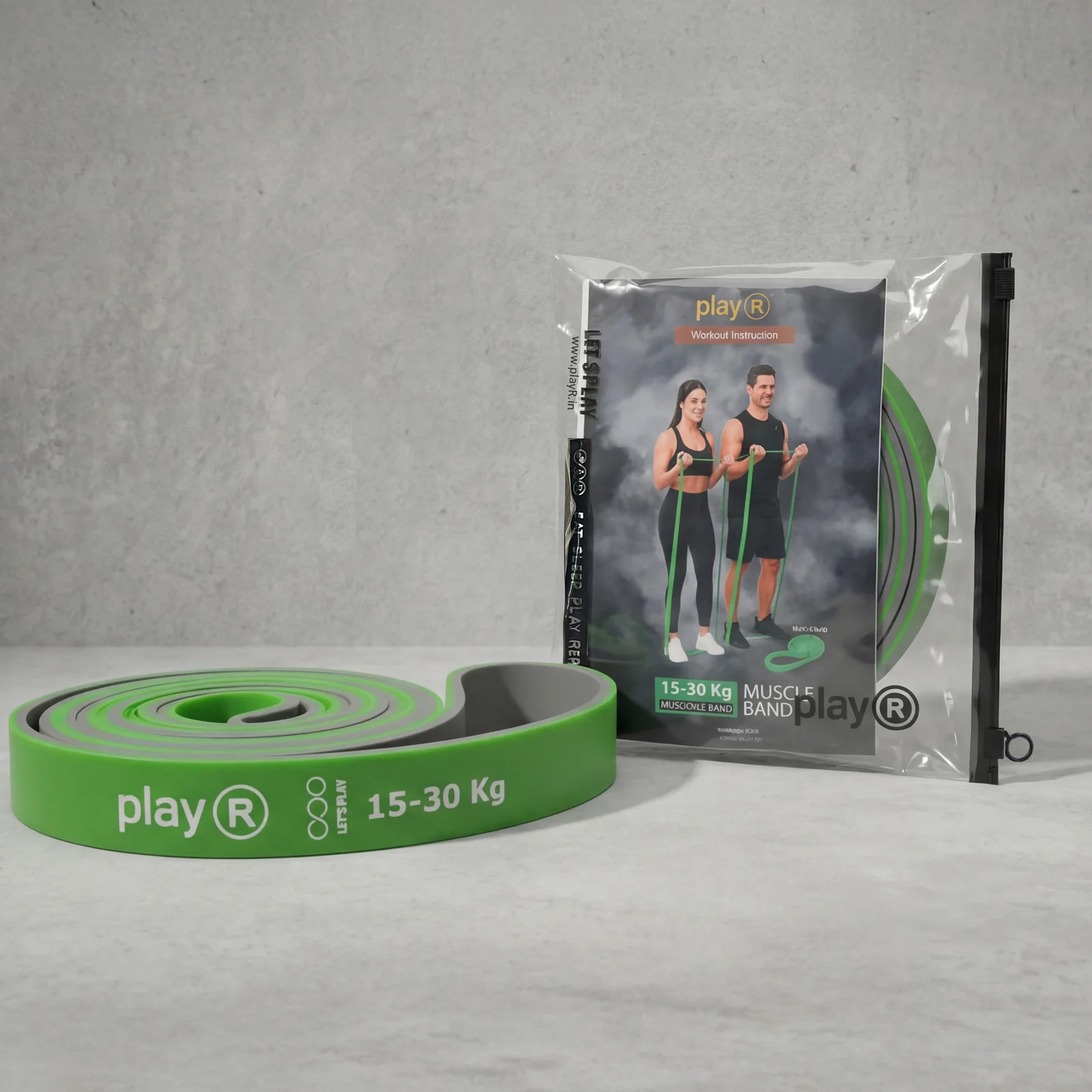 Resistance Band Dual Green Grey color 15-30 Kg - Pack of 1 1 Play-R Dual Green and Grey resistance band for 15-30kg strength and power training.