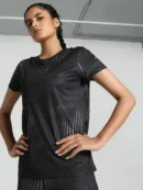 PUMA Run Favorite AOP Women's Running Tee in Black/Psychedelic print with dryCELL technology.
