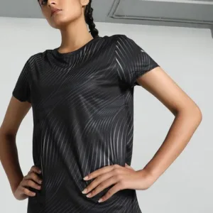 PUMA Run Favorite AOP Women's Running Tee in Black/Psychedelic print with dryCELL technology.
