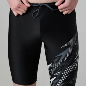 "Speedo Men's Endurance 10 Medley Print Gala Logo Jammer in black with blue asymmetric kinetic wave design."