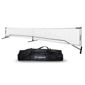 Airavat Heavy Duty Pickleball Net in Black with white headband and thick-gauge steel support legs.