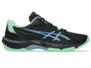 ASICS Court Control FF 4 in Black/Saba Blue, showing the reinforced PU upper and specialized indoor traction outsole.