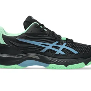 ASICS Court Control FF 4 in Black/Saba Blue, showing the reinforced PU upper and specialized indoor traction outsole.