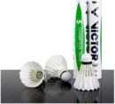 Tube of 12 Victor Champion No. 5 feather shuttlecocks with the signature light green label and white feather shuttles.