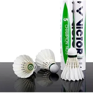 Tube of 12 Victor Champion No. 5 feather shuttlecocks with the signature light green label and white feather shuttles.