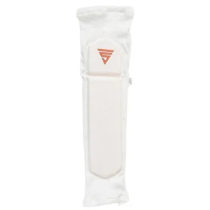 Versant GC Player Arm Guard in white with blue branding, showing the contoured shape and elastic Velcro straps.