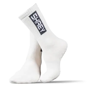 Shrey Premium Grip Plus Socks in White, showing the specialized silicone grip pattern on the sole and reinforced heel cushioning.
