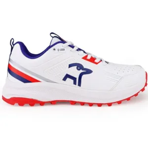 Kookaburra Pro 2.0 in White/Red, showing the multi-directional rubber stud pattern and padded Q-LOCK tongue.