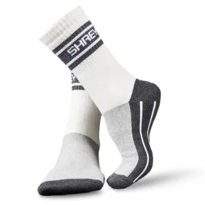 Shrey Pro Double Layer Socks in White/Grey, highlighting the elasticated arch support and reinforced cushioning zones.