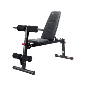 PowerMax Fitness BM-100A in black, showing the adjustable backrest, foam leg rollers, and sturdy alloy steel frame.