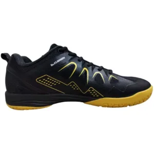 Yonex Blaze-4i court shoes in Black/Gold, highlighting the hexagonal grip pattern and reinforced toe area.
