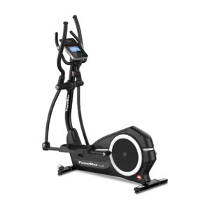 PowerMax EC-900 Semi-Commercial Elliptical Trainer in silver and black, showcasing the heavy-duty frame, rear-drive flywheel, and large LCD console.