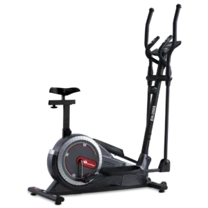 PowerMax EH-350S Magnetic Elliptical Cross Trainer in black, featuring an adjustable soft seat, LCD display, and oversized pedals.