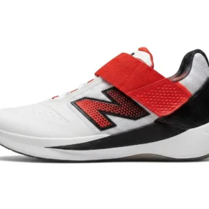 New Balance CK4040F7 in White/Red, showing the mid-cut ankle support, Velcro strap, and 11-spike metal outsole.