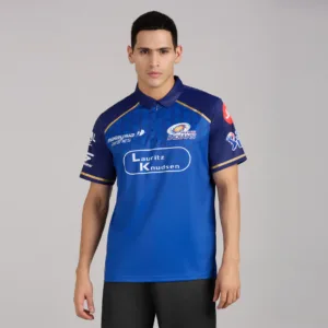 Mumbai Indians Official Fan Jersey 2026 for Men in deep blue with gold wave patterns and repeating M motif.