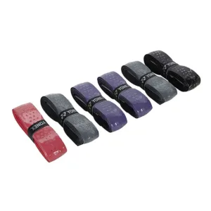 Yonex Aerocush 9900 grip showing the aerated texture and Yonex branding on the finishing tape.