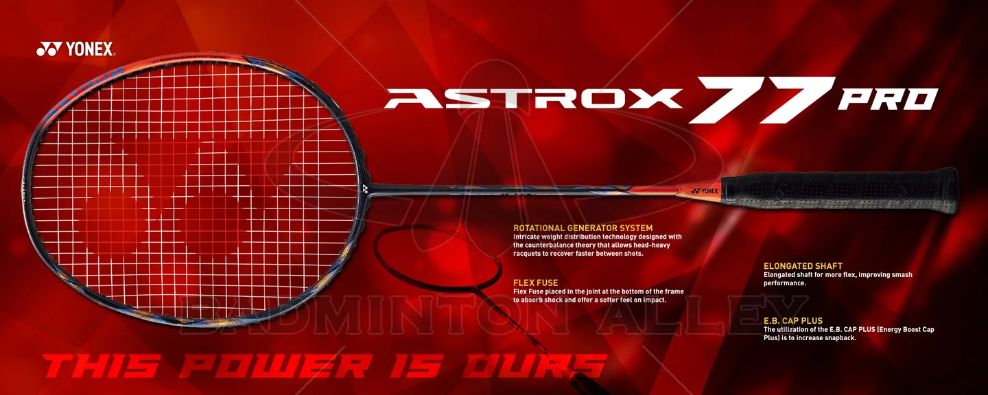 Yonex Astrox 77 Pro in High Orange and Black with Isometric head shape and Super Slim Shaft.