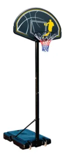 Vinex Ecos portable basketball stand showing the black steel pole, red rim, and white/blue backboard graphics.