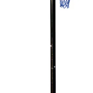 Vinex Ecos portable basketball stand showing the black steel pole, red rim, and white/blue backboard graphics.