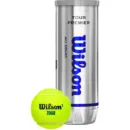 Wilson Tour Premier pressurized tennis ball can with three yellow balls, highlighting the Optivis felt and Wilson branding.