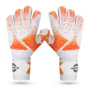 Nivia Finger Saviour Goalkeeper Gloves in Orange/Black, showing the reinforced finger zones and the wide elasticated wrist strap.