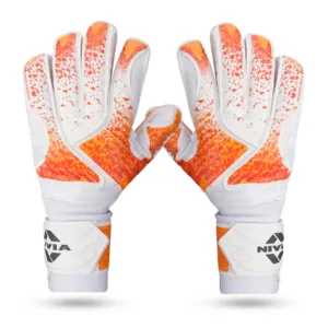 Nivia Finger Saviour Goalkeeper Gloves in Orange/Black, showing the reinforced finger zones and the wide elasticated wrist strap.
