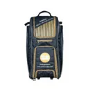 SS Force Duffle Cricket Kit Bag highlighting its vertical freestanding stance, robust base tractor wheels, exterior bat slots, and thick mesh shoulder straps.
