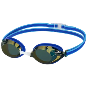 Speedo Junior Vanquisher 3.0 Swim Goggles highlighting the sleek low-profile mirrored lenses, comfortable silicone gaskets, adjustable double strap, and interchangeable nose pieces.