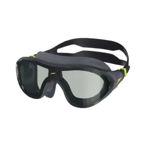 Speedo Biofuse 2.0 Swim Mask in Anthracite grey, highlighting its thick textured silicone face skirt, curved panoramic tinted lenses, and push-button adjustment clips.