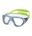 Speedo Junior Biofuse 2.0 Swim Mask highlighting the broad clear curved lenses, ultra-plush flexible silicone face skirt, and easy-adjust push-button side clips.