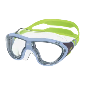 Speedo Junior Biofuse 2.0 Swim Mask highlighting the broad clear curved lenses, ultra-plush flexible silicone face skirt, and easy-adjust push-button side clips.