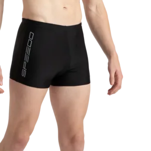 Speedo Men's Endurance10 Graphic Print Essential Aquashort highlighting the close-to-body mid-thigh fit, elasticated waistband, and the contrast graphic print design on the side panels.