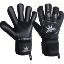 Kobo GKG-12 Goalkeeper Gloves in a black finish, showcasing the wrapped roll-finger joints, 3D textured punching zone, and secure elastic wrist strap.