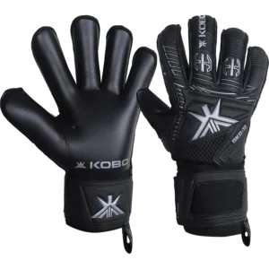 Kobo GKG-12 Goalkeeper Gloves in a black finish, showcasing the wrapped roll-finger joints, 3D textured punching zone, and secure elastic wrist strap.
