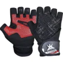 Kobo WTG-55 Gym Gloves in Black, highlighting the 10-inch elastic wrist wraps, padded leather palms, and integrated finger pull tabs.