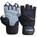 Kobo WTG-44 Gym Gloves in a multi-colour finish, showcasing the thick padded leather palm, long integrated wrist wraps, and finger pull tabs.