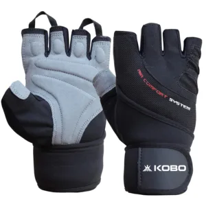 Kobo WTG-44 Gym Gloves in a multi-colour finish, showcasing the thick padded leather palm, long integrated wrist wraps, and finger pull tabs.