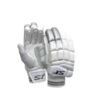 SF Platinum Batting Gloves in White/Silver, showcasing the multi-flex finger sections and the high-density foam side-bar protection.