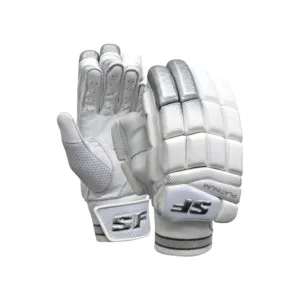 SF Platinum Batting Gloves in White/Silver, showcasing the multi-flex finger sections and the high-density foam side-bar protection.