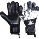 Kobo GKG-28 Goalkeeper Gloves highlighting the flat-cut white latex palms, padded black/neon backhand details, and wide adjustable wrist band.