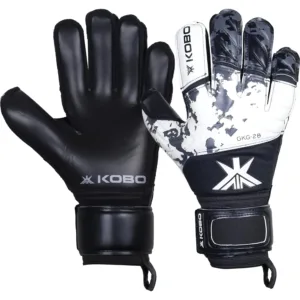 Kobo GKG-28 Goalkeeper Gloves highlighting the flat-cut white latex palms, padded black/neon backhand details, and wide adjustable wrist band.
