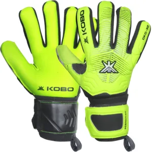Kobo GKG-32 Goalkeeper Gloves in professional white/black detailing, showing the contoured palm, textured finger spines, and thick elastic wrist enclosure.