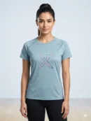 LAASA 2629 Women's Workout T-Shirt in a sleek athletic cut, highlighting its breathable technical fabric matrix, clean round neckline, and subtle reflective brand logo.