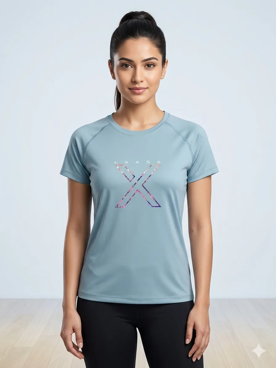 LAASA 2629 Women's Sports T-Shirt 1 LAASA 2629 Women's Workout T-Shirt in a sleek athletic cut, highlighting its breathable technical fabric matrix, clean round neckline, and subtle reflective brand logo.