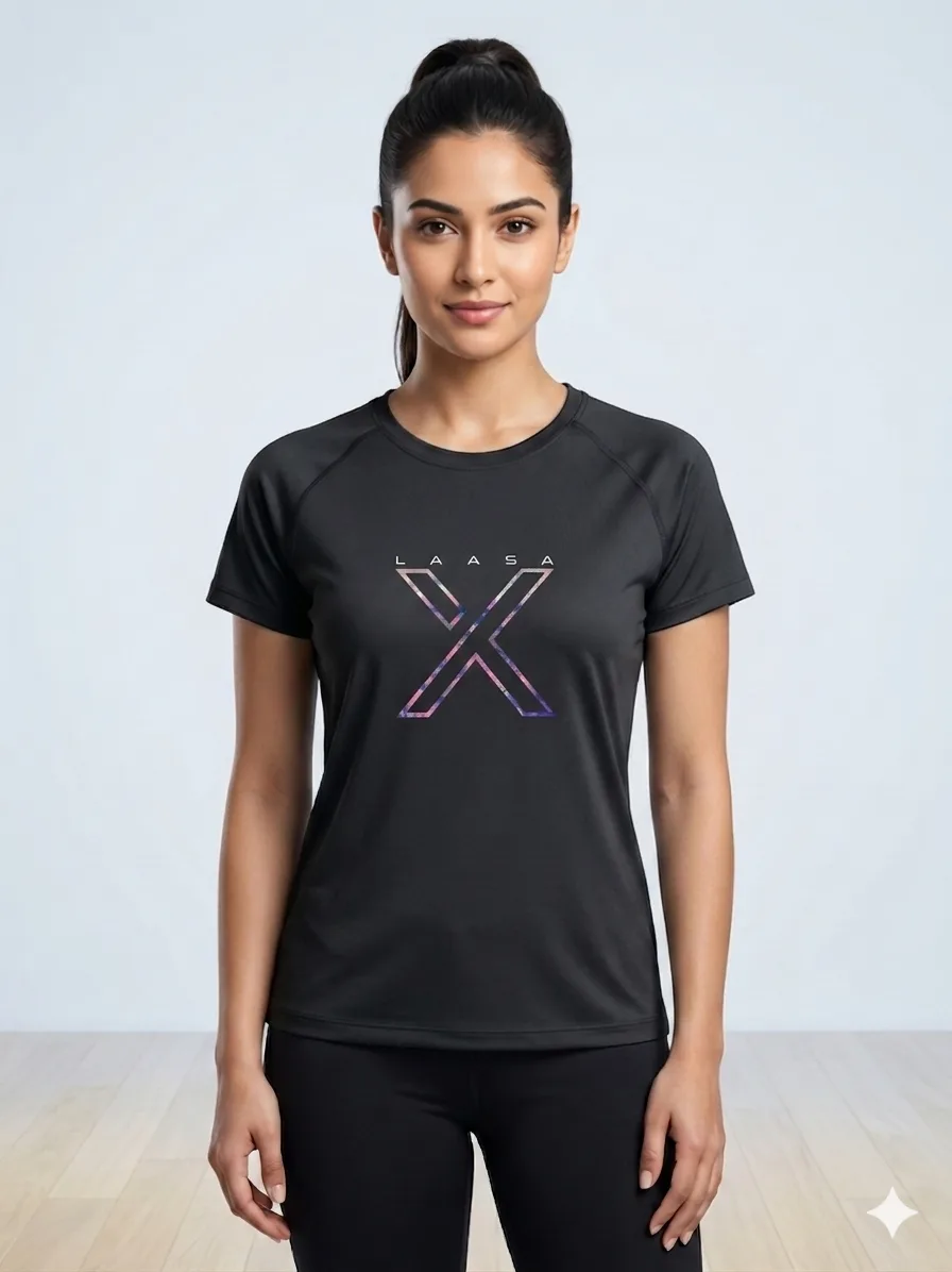 LAASA 2629 Women's Sports T-Shirt 1 LAASA 2629 Women's Workout T-Shirt in a sleek athletic cut, highlighting its breathable technical fabric matrix, clean round neckline, and subtle reflective brand logo.