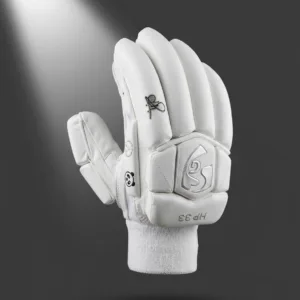 SG HP 33 Batting Gloves 2026 Edition in White/Gold, highlighting the multi-flex finger rolls, reinforced thumb, and premium leather palm.